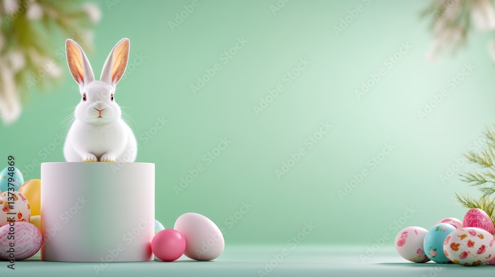 Poster rabbit is sitting in a white box with a bunch of easter eggs around it. the scene is bright and chee