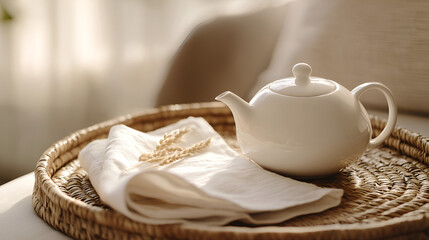 Fototapeta premium Elegant ceramic teapot on wicker tray with linen napkin and wheat stalks, perfect for a cozy afternoon.