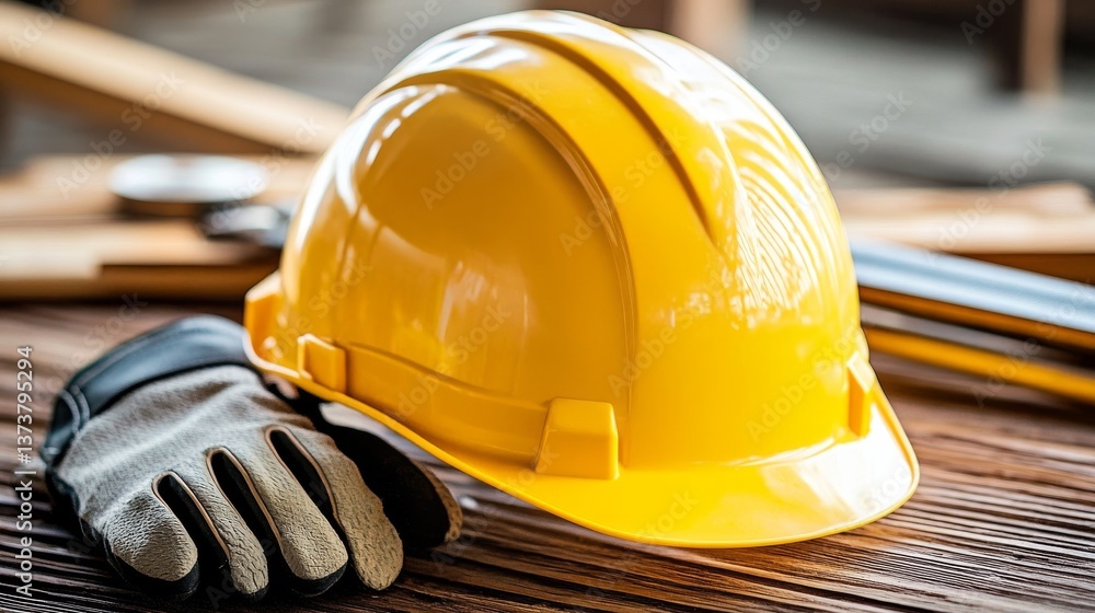 Poster a close-up view of a yellow construction hard hat and a pair of protective work gloves placed on a w