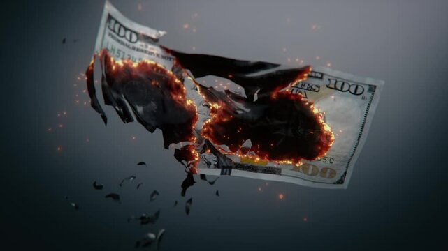 3D Graphics of Burning One Hundred Dollar Bill. Visualization of Economic Crisis, Inflation and Devaluation of Currency. Symbol of Financial and Market Instability. Loss of Paper Money. Visual Effects