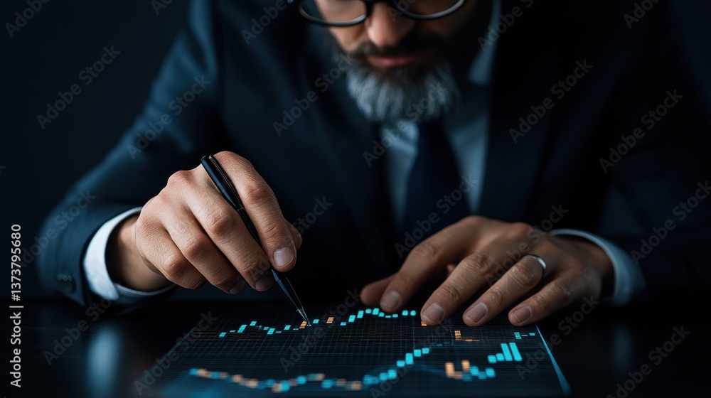 Poster business consultant analyzing performance metrics with digital tools to optimize productivity and pr