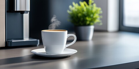 modern kitchen design, a modern kitchen scene set with a sleek countertop, steaming coffee, and a stylish espresso machine in the backdrop