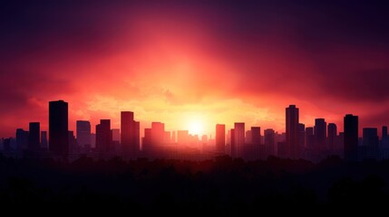 Fototapeta premium Vibrant sunset over a city skyline with silhouetted buildings and a colorful sky
