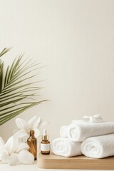 A tranquil spa setting features lush green leaves and elegantly arranged towels, emphasizing the focus on achieving well-groomed, silky skin on the feet