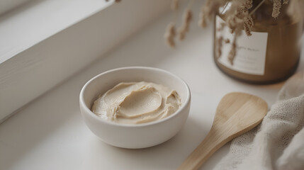 Homemade facial mask displayed on a bright windowsill with plants and a natural wood spoon.