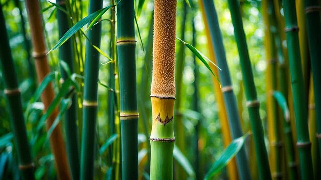 Close-up of young bamboo sprouts rising from a thick forest.