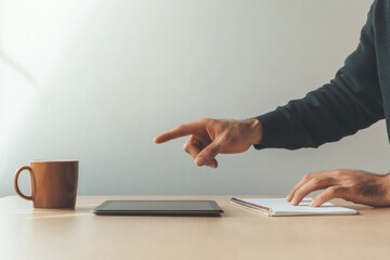Hand reaching towards tablet on desk, coffee cup nearby, emphasi