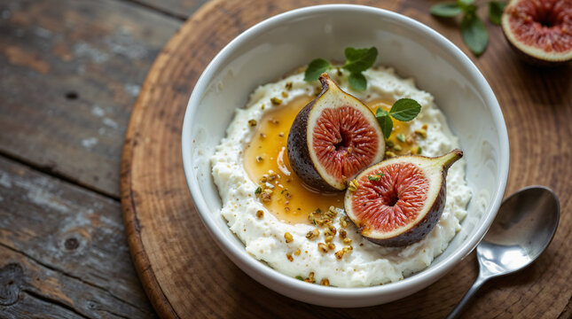 Yogur con higos frescos, miel y pistachos servido en cuenco sobre tabla r&uacute;stica