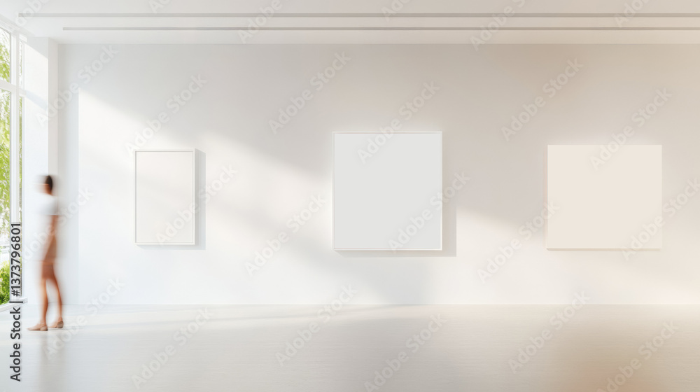 Poster minimalist art gallery with three blank canvases displayed white wall, featuring blurred figure walk