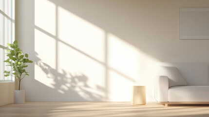 Fototapeta premium Minimalist living room with sunlight streaming through large windows, casting shadows wall. white sofa, potted plant, and wooden stool add serene
