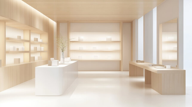 Minimalist modern interior of retail store with wooden shelves, white counters, and soft lighting, creating serene and elegant atmosphere