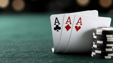 Poker Hand with Three Aces Alongside Chips in a Casino Setting, Representing a Winning Moment in a Poker Tournament