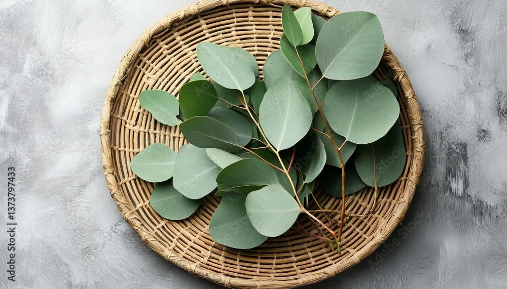 Poster fresh eucalyptus branches on round wicker tray, top view with copy space on gray background
