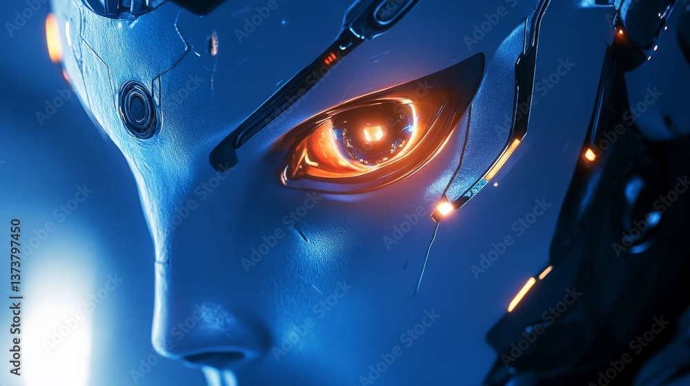 Poster close-up of a futuristic humanoid face showcasing mechanical and orange-lit details. a depiction of 