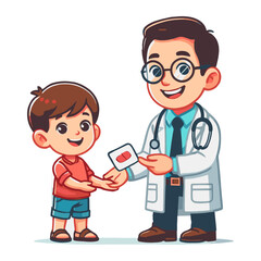 Friendly Doctor Giving Medicine To Young Boy in Cartoon Style