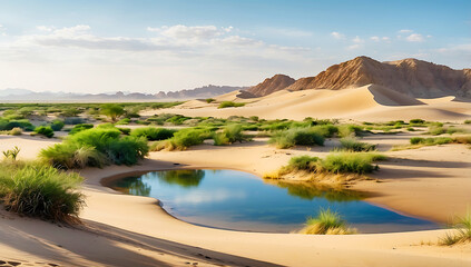 A serene desert oasis scene ,features a small cluster of lush green palm trees and vegetation situated on a sandy island surrounded by calm, reflective water