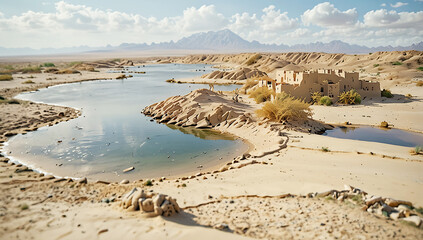 A serene desert oasis scene ,features a small cluster of lush green palm trees and vegetation situated on a sandy island surrounded by calm, reflective water