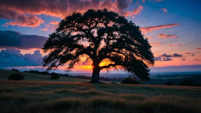 Dramatic perspective of a solitary secular oak at dusk just prior to the blue hour, with the sun setting behind the tree and the blue sky abundant with clouds.