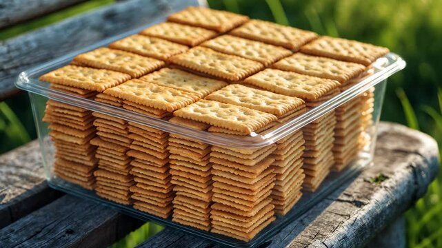 A clear plastic container holding a pack of square-shaped crackers on a wooden bench. The crackers possess a slightly crunchy texture.