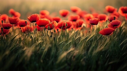 Vibrant red poppies dance gracefully among the golden wheat field expanse