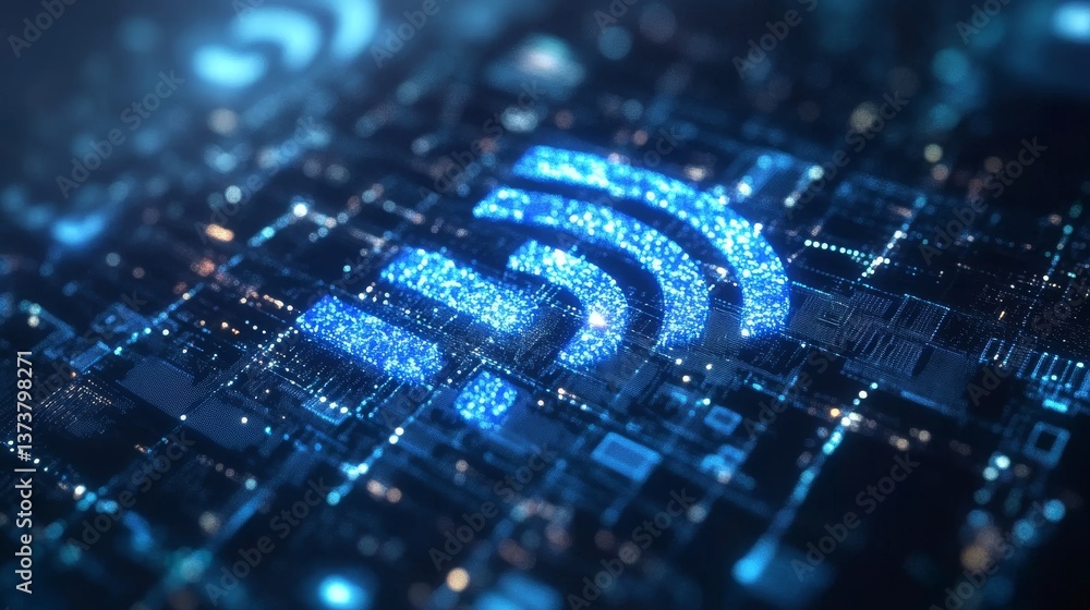 Poster a close-up digital image of a circuit board embedded with a prominent blue wireless signal icon, rep