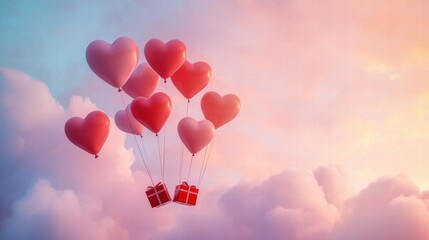Obraz premium A Box flying on a parachute with pink cloud in valentine day,package flying down from sky and cloud with parachute, concept for delivery service,shopping online,air delivery service.