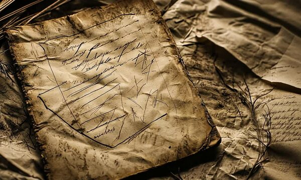 Antique handwritten notes on aged paper surrounded by additional old documents and natural elements