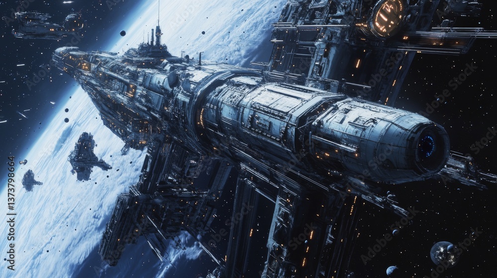 Poster an intricate digital rendering of a large spaceship navigating space, showcasing detailed constructi