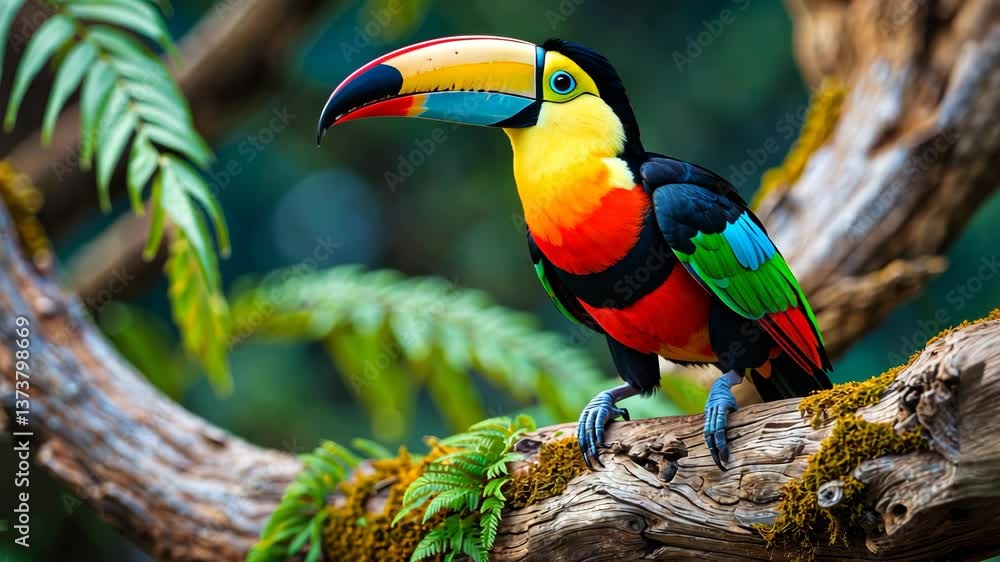 Poster a vibrant toucan sitting on a branch, displaying its unique large beak and colorful feathers. the ba