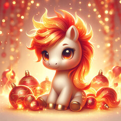 Fototapeta premium Cute and playful Fire Horse for New Year 2026 — adorable cartoon horse with glowing fiery mane, surrounded by magical sparkles, red and gold festive decorations, soft and warm lighting, 