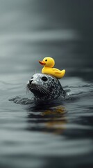 A whimsically endearing scene of a seal balancing a yellow rubber duck on head