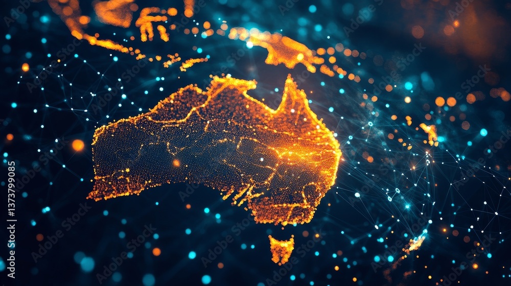 Poster a captivating digital rendering showcasing australia highlighted in glowing orange lights with a net