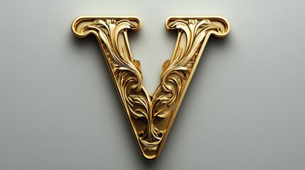 Ornate Golden Letter V:  A Luxurious 3D Render of a Gilded, Floral Capital Letter