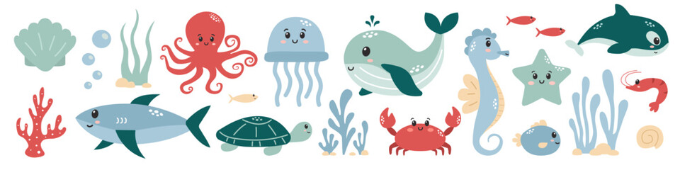 Underwater world. Cartoon underwater animal and fish characters. Marine life. Vector
