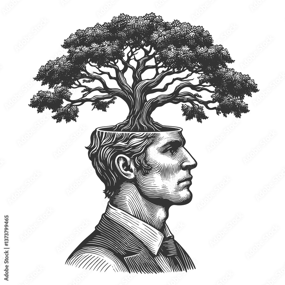 Poster man in a suit with a tree growing from his open head, symbolizing knowledge and growth sketch engrav