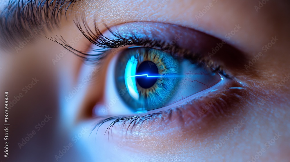 Poster a detailed macro shot of a human eye with a vibrant, blue digital interface overlay, representing ar