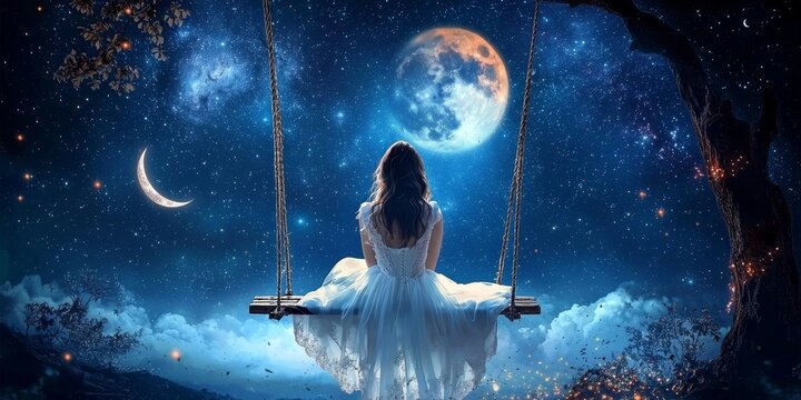 Under a starry sky, a woman sits peacefully on a swing.