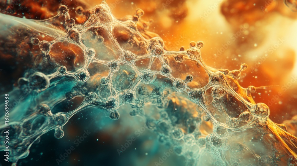 Poster a detailed close-up of a translucent, organic molecular network highlighted in warm, glowing tones, 