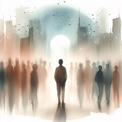 Fototapeta premium Illustrate a lone figure in a watercolor scene, standing amidst a blurred crowd to represent emotional burnout and isolation, with soft muted tones and fine brushstrokes conveying the deep emotional