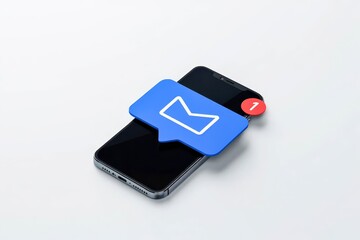 New Email, massage,unread email concept. Smartphone with new e-mail or notification icon on white table over white background with copyspace.