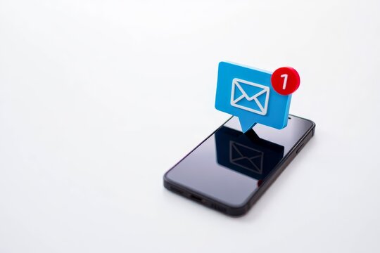 New Email, massage,unread email concept. Smartphone with new e-mail or notification icon on white table over white background with copyspace.