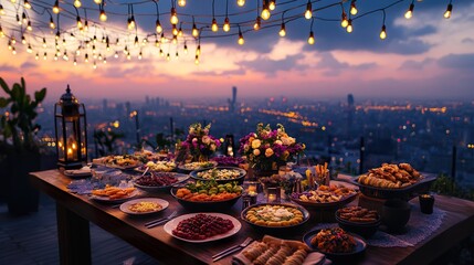 Elegant rooftop buffet with city view at sunset, romantic evening feast