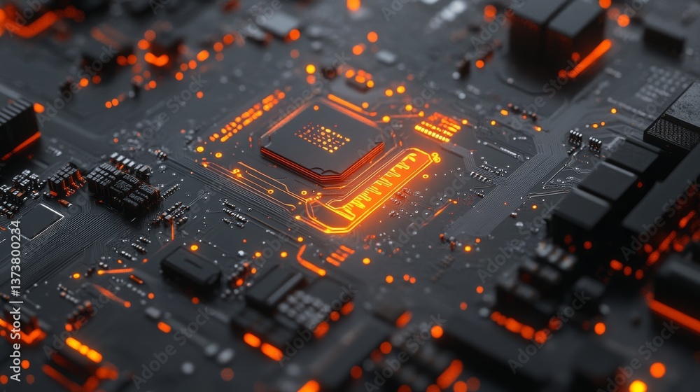 Poster a detailed image of a microchip glowing in orange on a dark circuit board, highlighting futuristic t