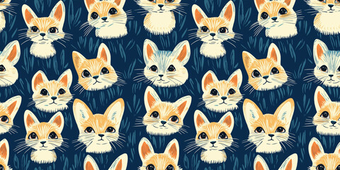 Obraz premium Cute fox faces in seamless pattern on dark blue background