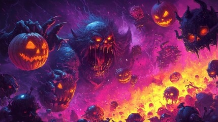 Fototapeta premium Surreal artwork depicting fiery jack-o'-lanterns with menacing faces engulfed in flames, creating a chaotic scene filled with monstrous pumpkins, dark atmosphere, and glowing embers.. AI Generation