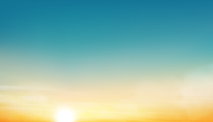 Obraz premium Sunset Sky Background,Autumn Yellow,Blue Sunrise Sky and Sun over Sea Beach,Vector Summer Nature Golden Hour in Orange Sky before Sundown in Spring,Horizontal Cartoon Winter Landscape with sunlight