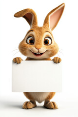 Obraz premium A cartoon Easter bunny with a mischievous grin, A cheerful cartoon rabbit holds a blank sign, perfect for a fun and playful illustration in various projects.