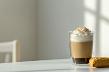 Creamy coffee topped with whipped cream, paired with golden bisc