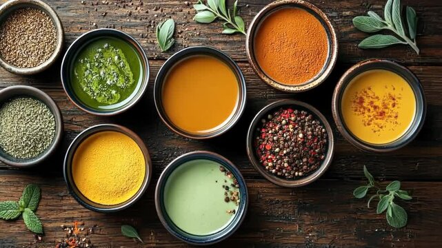 Colorful array of spices in small bowls on wooden table showcasing diverse culinary flavors and ingredients