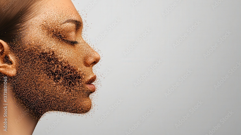 Poster pm 2.5 particles impact concept. abstract portrait blending with a textured background.